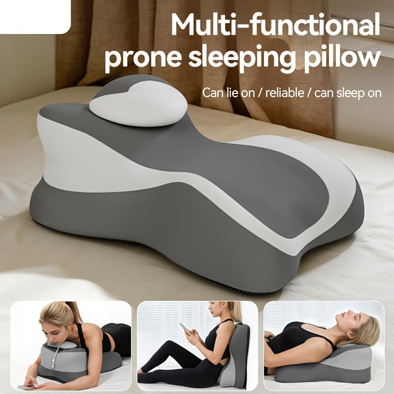 Multi-functional prone sleeping pillow with text and usage examples on a bed.