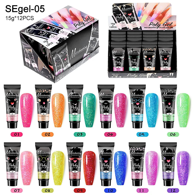 Acrylic Extension Gel Nail 12pcs/set, Glitter Fast Building Hybrid Varnish UV Nails
