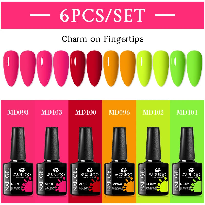 Fluorescent Gel Nail Polish Set Semi-Permanent UV LED Gel Kit 6pcs