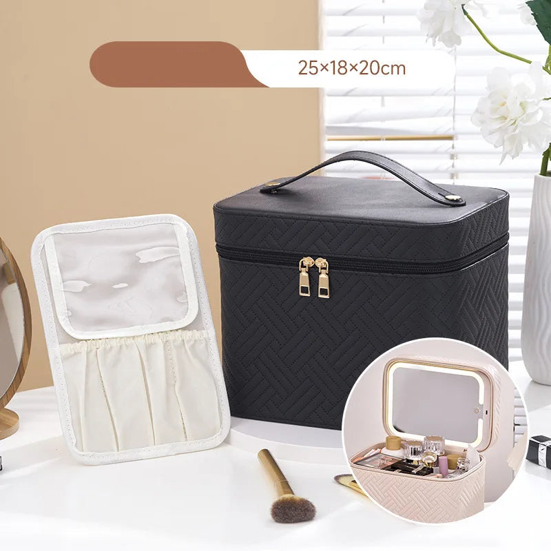 Black makeup travel case with LED mirror on a white surface with a beige wall background