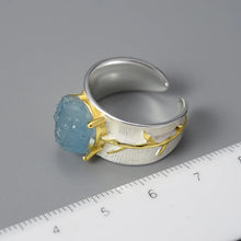 Cargue la imagen en el visor de la galería, Long Leaves Natural Aquamarine Gemstone Adjustable Rings 925 Sterling Silver