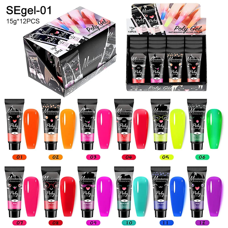Acrylic Extension Gel Nail 12pcs/set, Glitter Fast Building Hybrid Varnish UV Nails