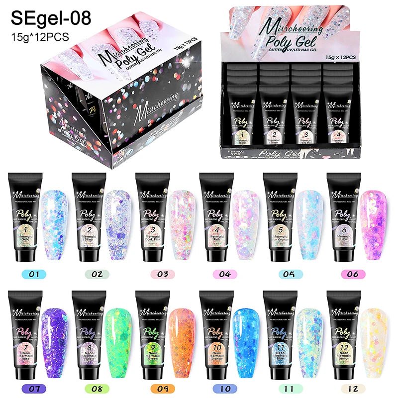 Acrylic Extension Gel Nail 12pcs/set, Glitter Fast Building Hybrid Varnish UV Nails