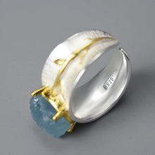 Cargue la imagen en el visor de la galería, Long Leaves Natural Aquamarine Gemstone Adjustable Rings 925 Sterling Silver