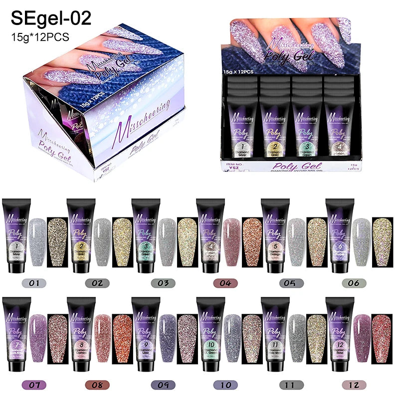 Acrylic Extension Gel Nail 12pcs/set, Glitter Fast Building Hybrid Varnish UV Nails