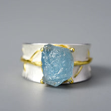 Cargue la imagen en el visor de la galería, Long Leaves Natural Aquamarine Gemstone Adjustable Rings 925 Sterling Silver