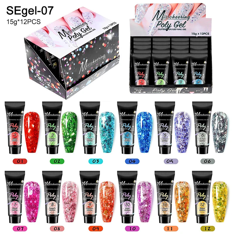 Acrylic Extension Gel Nail 12pcs/set, Glitter Fast Building Hybrid Varnish UV Nails
