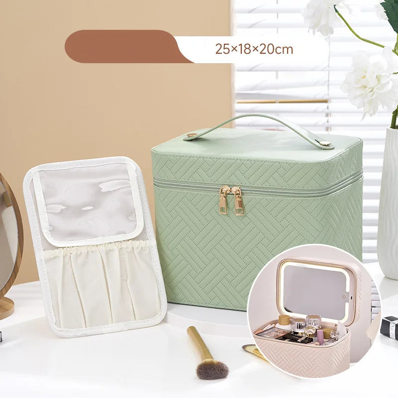 Green makeup storage case with LED mirror on a white surface