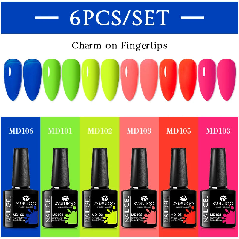 Fluorescent Gel Nail Polish Set Semi-Permanent UV LED Gel Kit 6pcs
