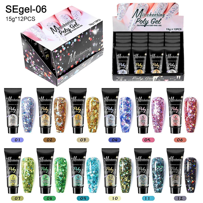 Acrylic Extension Gel Nail 12pcs/set, Glitter Fast Building Hybrid Varnish UV Nails