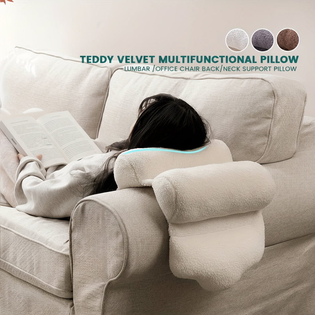Person using a Teddy Velvet Multifunctional Pillow on a couch with TexStead branding.