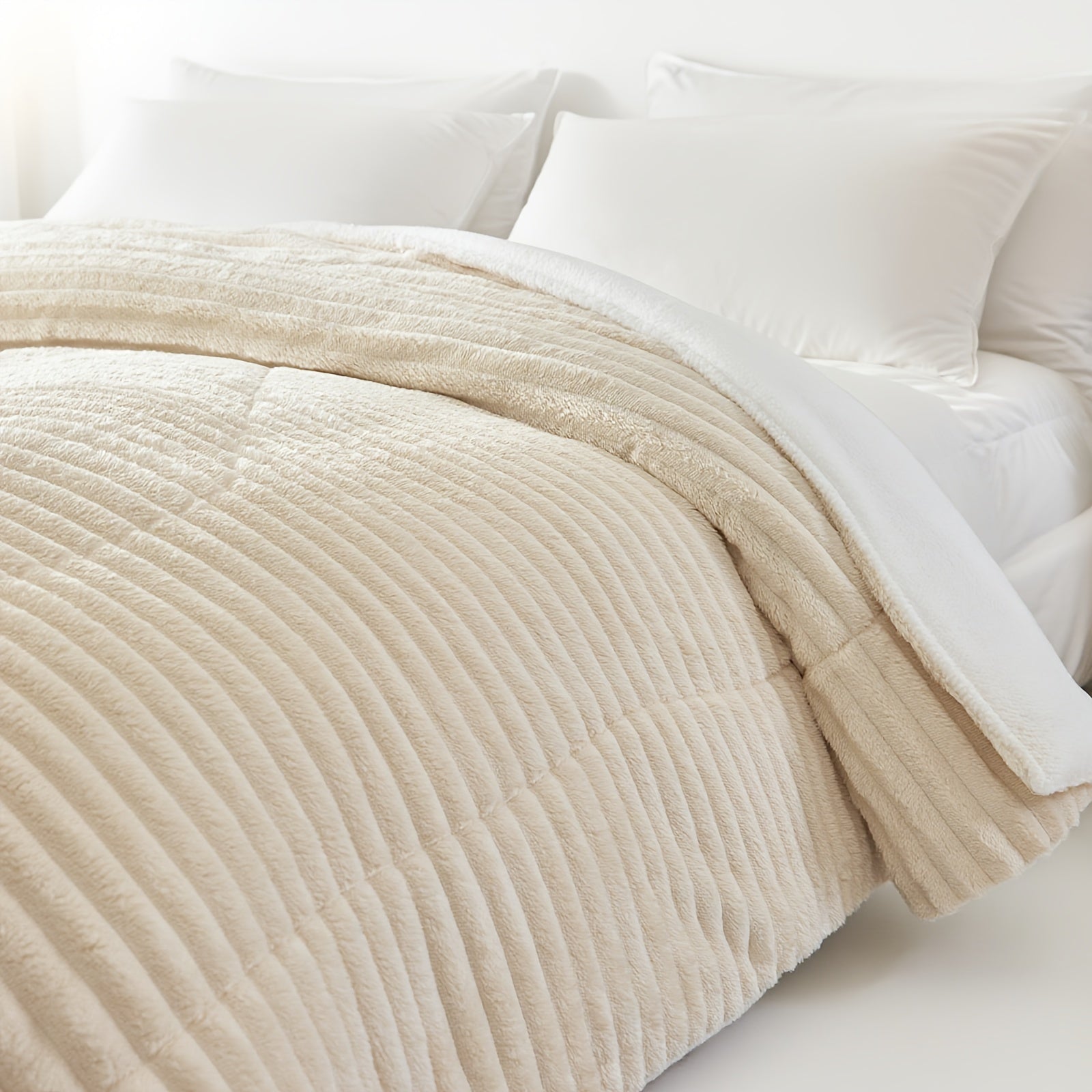 Cream White Fleece Fluffy Plush Bedding, Luxury Heavyweight Faux Fur All Season