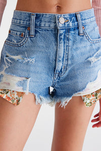 Floral Knit Insert Distressed Raw Hem Denim Shorts