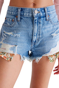 Floral Knit Insert Distressed Raw Hem Denim Shorts