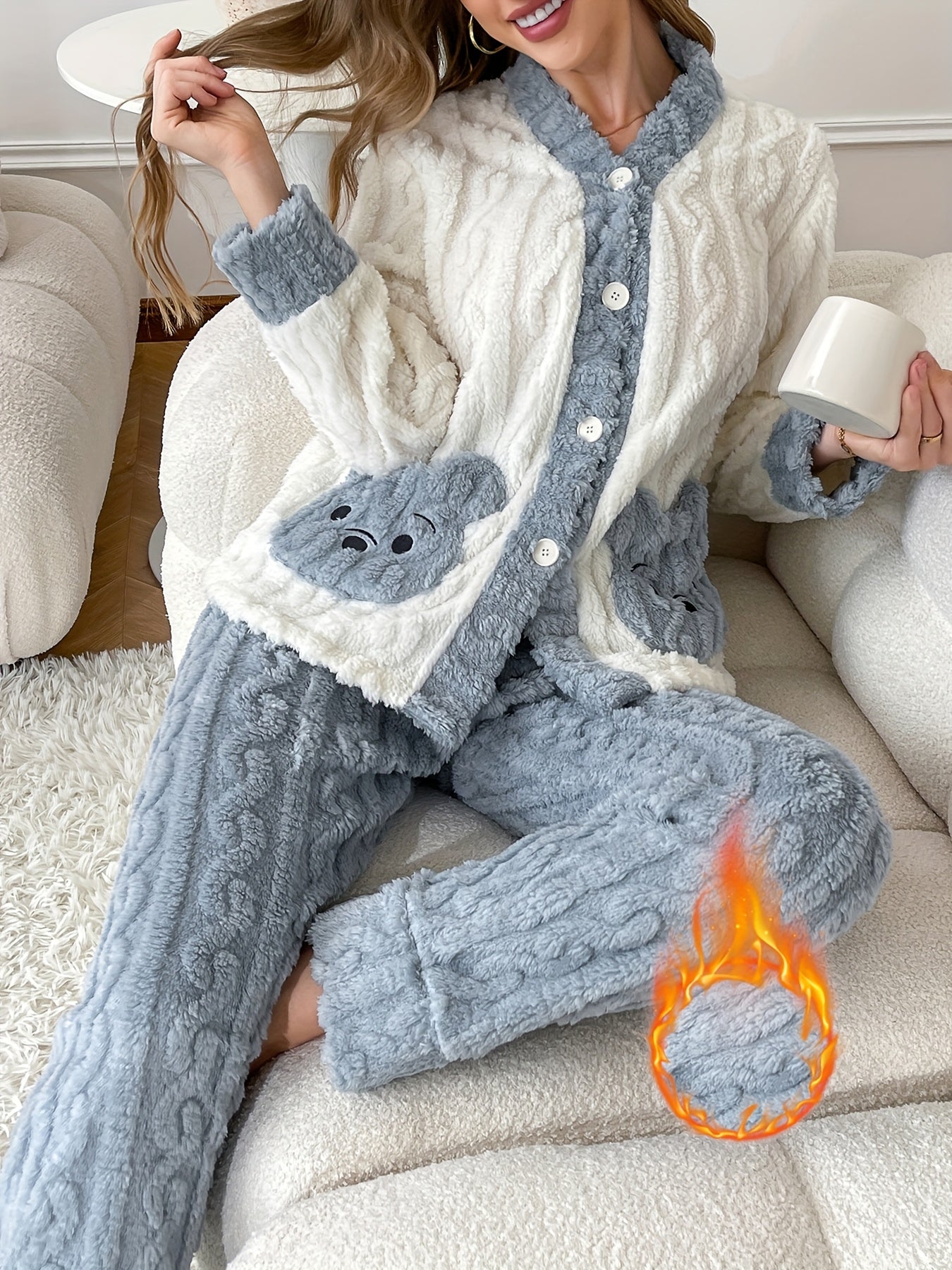 Women's Long-Sleeve Robe Set with Embroidered Bear Pocket