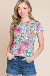 Multicolor Floral Print Asymmetric Hem Short Sleeve Top
