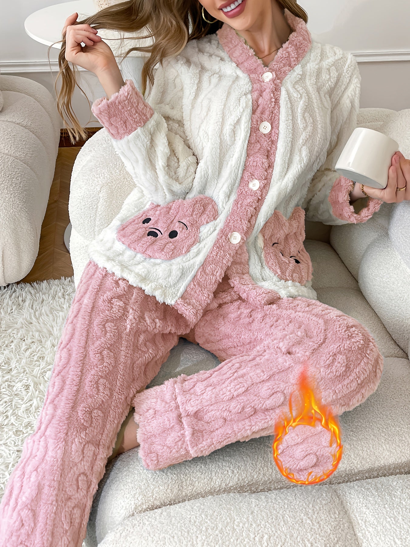 Women's Long-Sleeve Robe Set with Embroidered Bear Pocket
