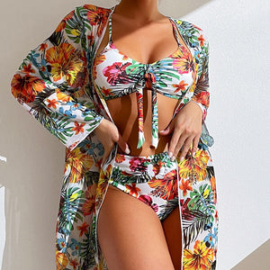 Three Pieces Floral Printed High Waisted Swimsuit