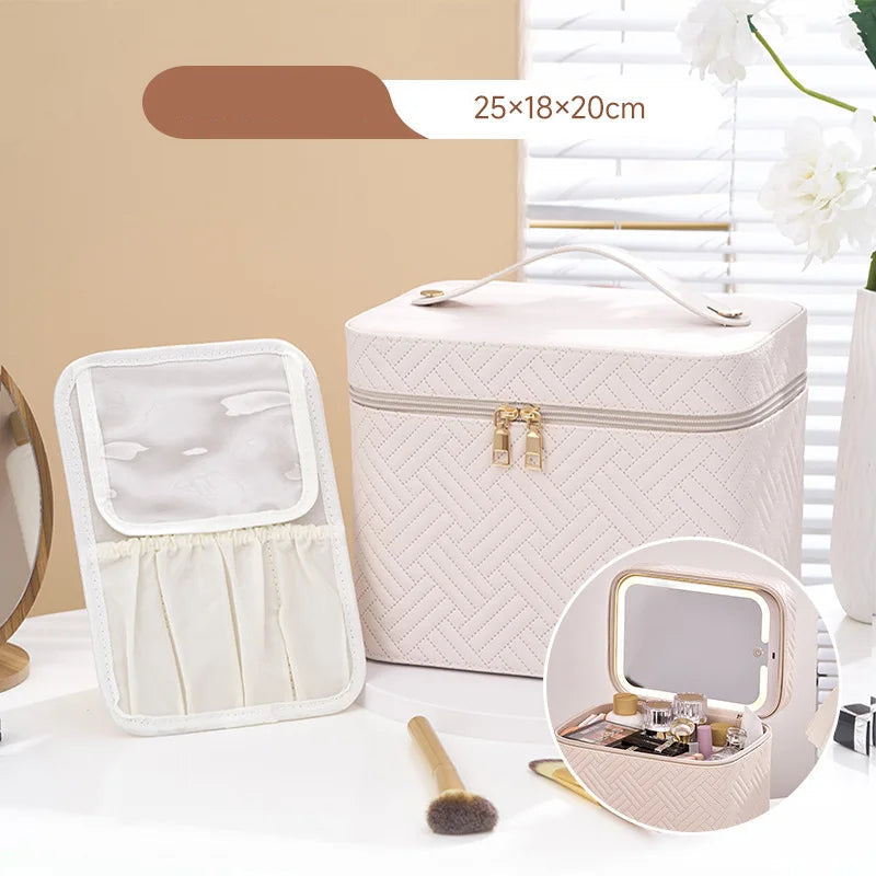 White quilted makeup bag with LED mirror on a beige background