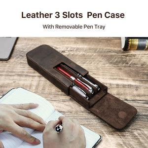 Genuine Leather 3 Slots Pen Case With Removable Pen Tray
