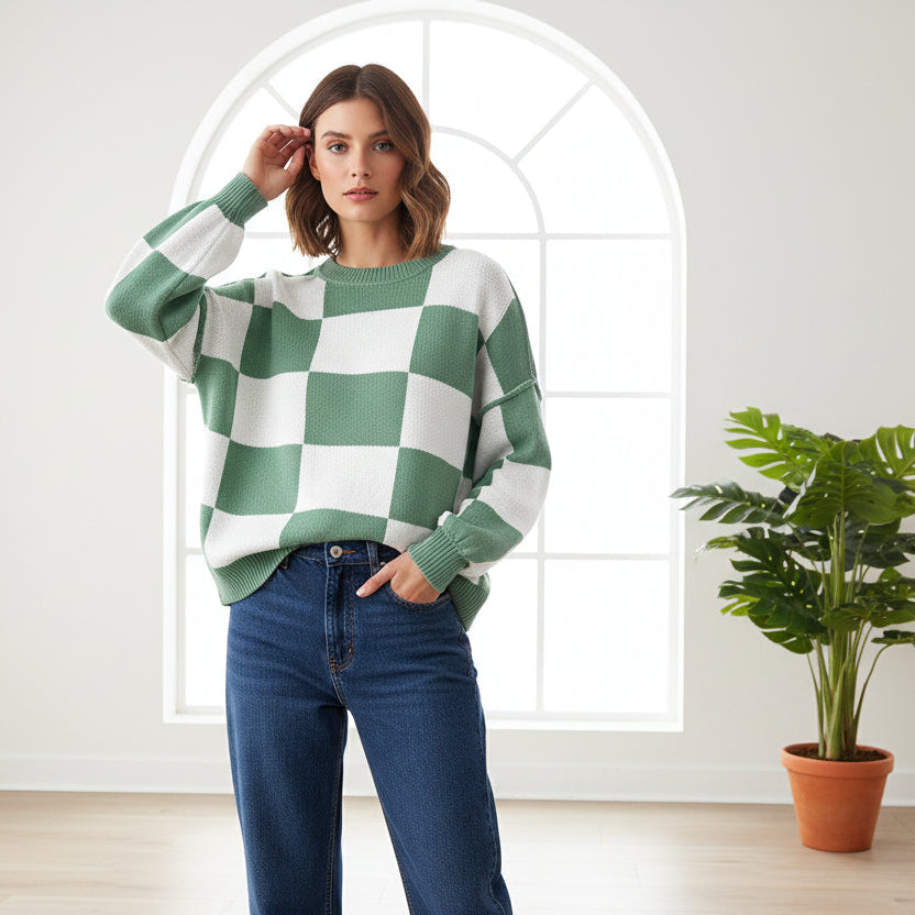 Green Checkered Bishop Sleeve Sweater