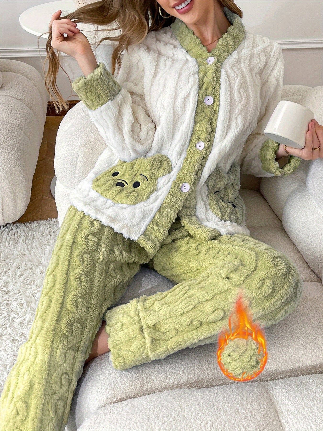 Women's Long-Sleeve Robe Set with Embroidered Bear Pocket
