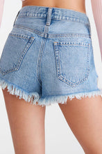 Load image into Gallery viewer, Floral Knit Insert Distressed Raw Hem Denim Shorts
