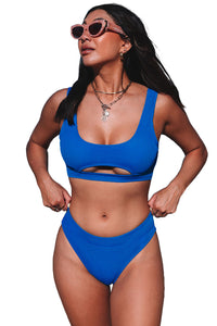 2-teiliges, einfarbiges Bikini-Set mit geripptem Ausschnitt