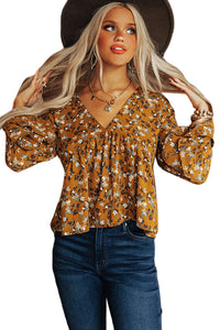 Floral Print Bell Cuff V Neck Babydoll Blouse