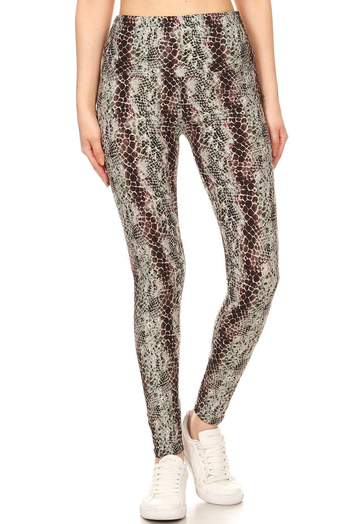 Yoga Style Banded Lined Snakeskin Printed Knit Legging With High Waist. - www.novixan.com