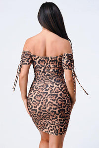 Leopard Print Off Shoulder Shirring Bodycon Dress - www.novixan.com