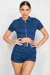 Belted Zip-up Denim Romper - www.novixan.com