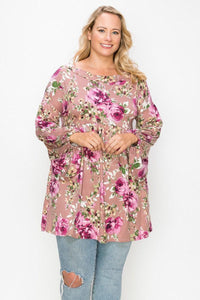 Floral, Bubble Sleeve Tunic Top Plus Size - www.novixan.com