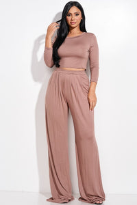 Solid 3/4 Sleeve Top And Wide Leg Pleated Pants Two Piece Set - www.novixan.com