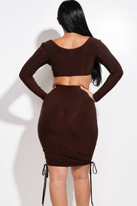 Solid Long Sleeve Ruched Short Dress With O Ring - www.novixan.com
