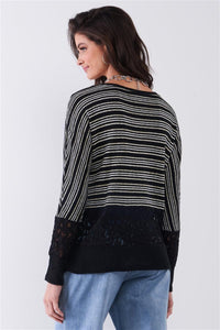 Black Striped Glitter Long Sleeve Sweater Top - www.novixan.com