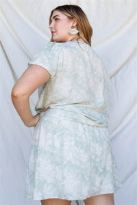 Tie-dye Floral Print Ruched Top & Mini Skirt Set Plus Size