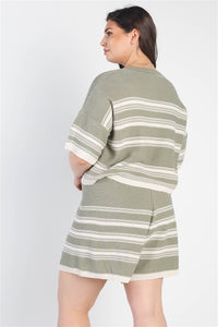 Plus Size Striped Knit Top High Waist Shorts Set