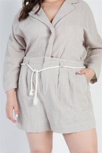 Plus Grey Button-up Collared Neck Blazer High Waist Shorts Set - www.novixan.com