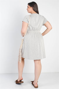 Textured Button-up Short Sleeve Mini Dress Plus Size