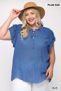 Triple Ruffle Sleeve V-neck Top With Front Tie