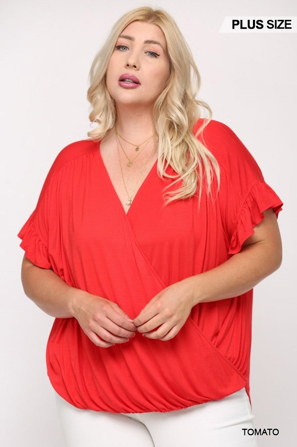 Solid Surplice Top With Ruffle Sleeve