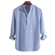 Laden Sie das Bild in den Galerie-Viewer, Cotton Long Sleeve Men&#39;s Striped Slim Fit Stand Collar Shirts - www.novixan.com
