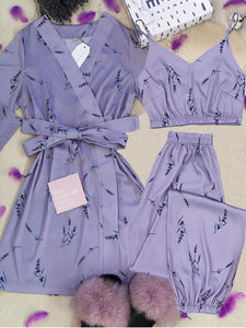 Sexy Flower Print Wedding Robe Set Silk Soft Sleepwear