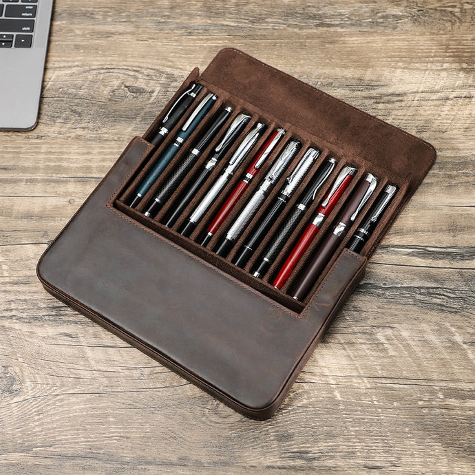 Leather 12 Slots Stationery Pen Case with Removable Pen Tray