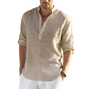 Men's Casual Cotton Linen Long Sleeve Shirt