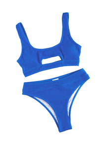 2pcs Solid Color Ribbed Cutout Bikini Set