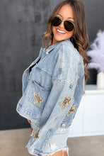 Load image into Gallery viewer, Leopard Star Distressed Cropped Denim Jacket
