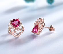 Cargue la imagen en el visor de la galería, Red Ruby Heart Flower Sterling Silver Earrings - www.novixan.com
