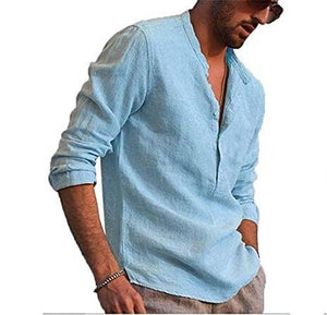 Men's Cotton linen Solid Color Stand Collar Shirt - www.novixan.com